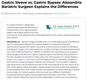 Dr. James Parrish, a weight loss surgeon in Alexandria, LA, explains the differences between gastric sleeve and gastric bypass surgery and why one option may be more ideal than the other for certain patients.