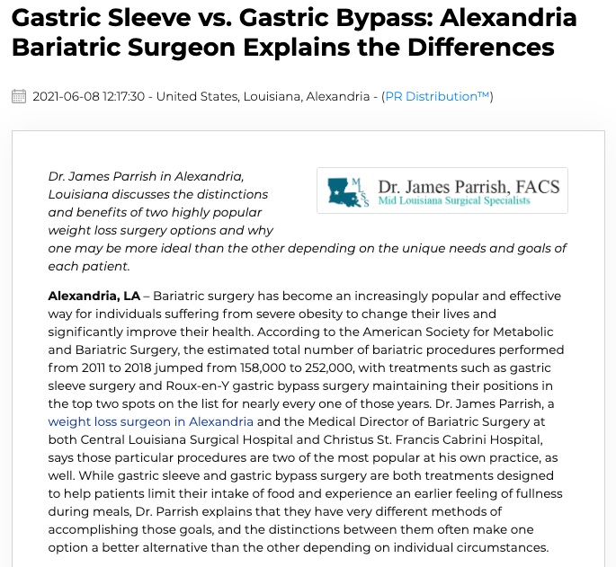 Dr. James Parrish, a weight loss surgeon in Alexandria, LA, explains the differences between gastric sleeve and gastric bypass surgery and why one option may be more ideal than the other for certain patients.