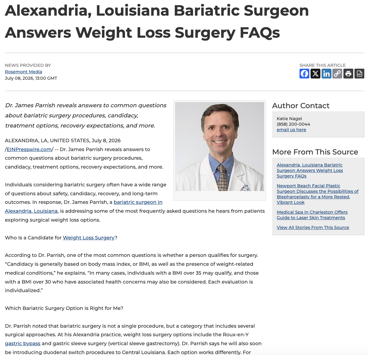 Alexandria, Louisiana bariatric surgeon James Parrish, MD answers FAQs about weight loss surgery and explains what many patients can expect from treatment.